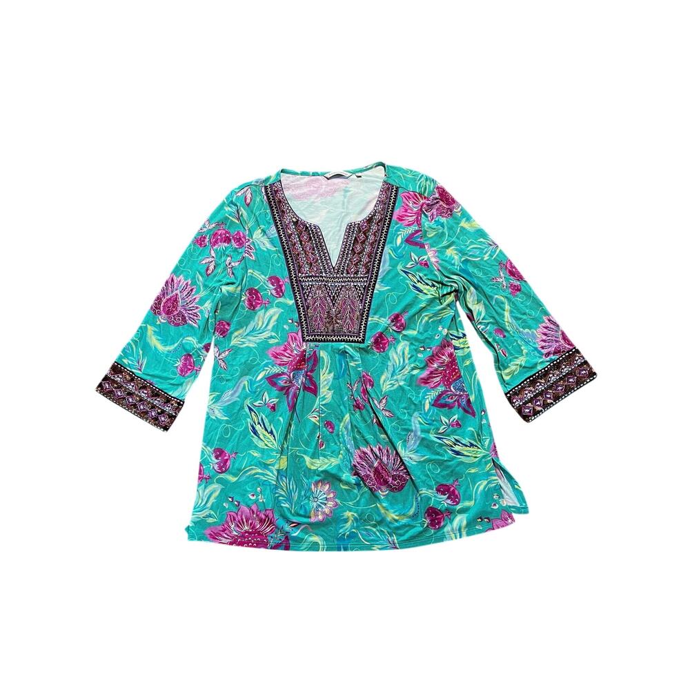 Soft Surroundings Maddalena Tunic Teal Floral Sequin Embroidered Top | Size L - Picture 2 of 8